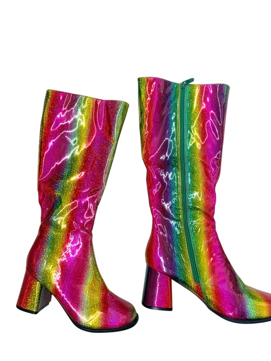 Ellie Shoes - DISCO Rainbow Glitter Knee-High 3” chunky Block Heel Boots - Multicolor Sz 9